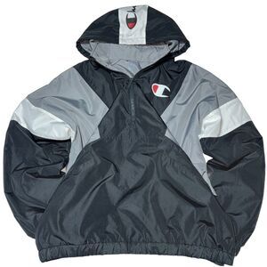 Y2K‎ Champion Stadium Jacket Mens XL Black Packable Windbreaker Light 1/2 Zip